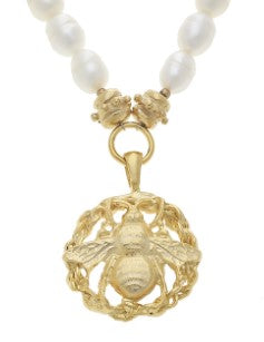 Gold Bee Cut Out Pendant on Genuine Freshwater Pearl Necklace