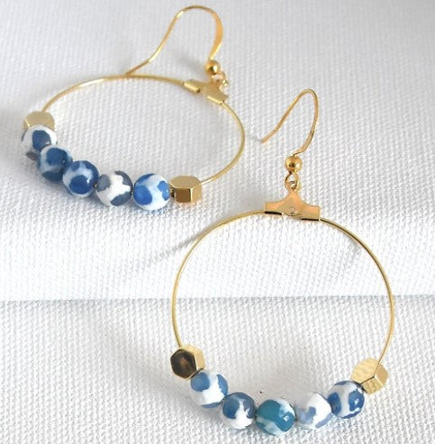 Hex Blue and White Agate Hoop Earrings