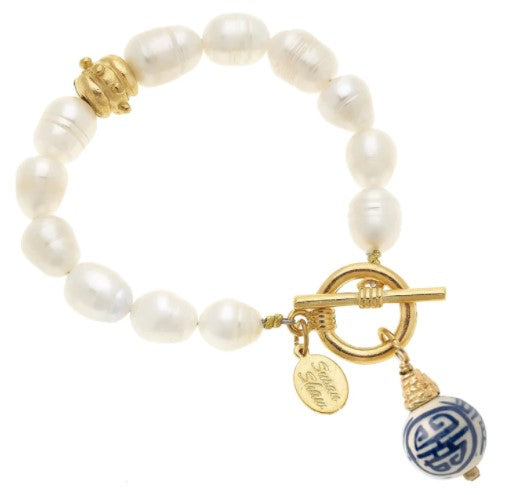 Freshwater Pearl Toggle Bracelet with Porcelain Bead Drop