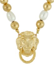 Lion Knocker on Pearl and Gold Bead Necklace