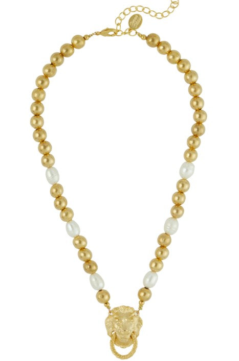 Lion Knocker on Pearl and Gold Bead Necklace
