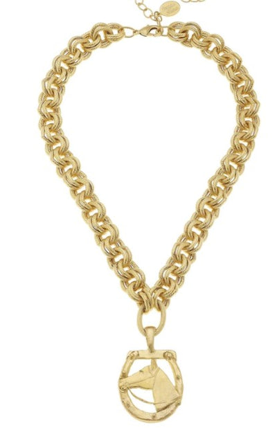 Gold Horseshoe with Horse Head Necklace