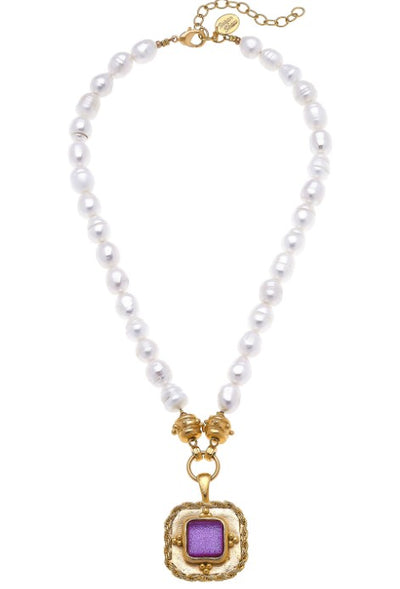 French Glass Pendant on Genuine Freshwater Pearl Necklace