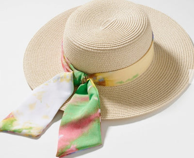 Straw Hat with Tie Dye Print Scarf