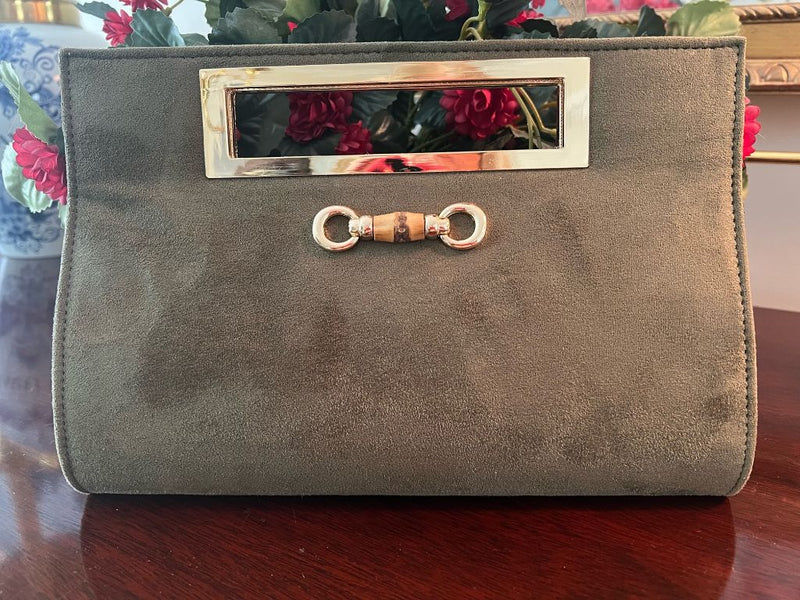 Olive Suede Clutch with Bamboo Bit Emblem