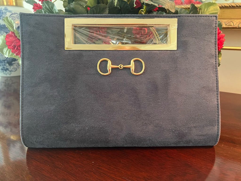 Navy Suede Clutch with Snaffle Bit Emblem
