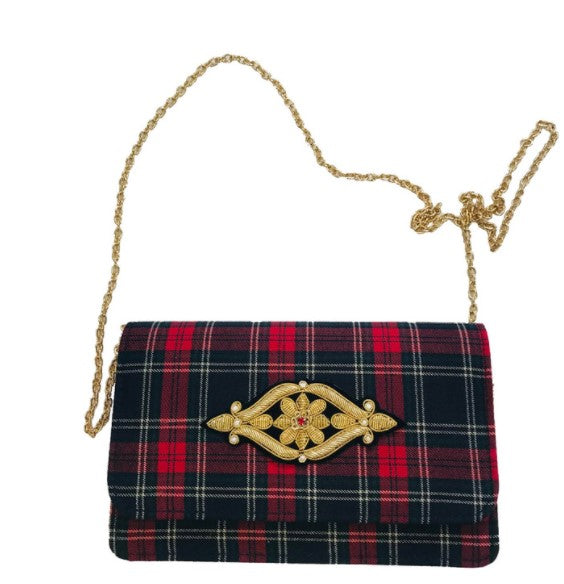 Plaid Clutch with Pearl Emblem, Red
